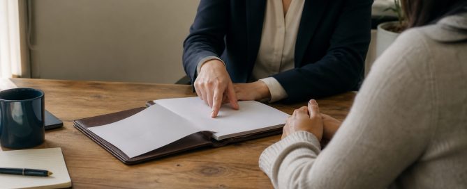 Volunteer attorney and client reviewing documents during a legal-aid consultation.